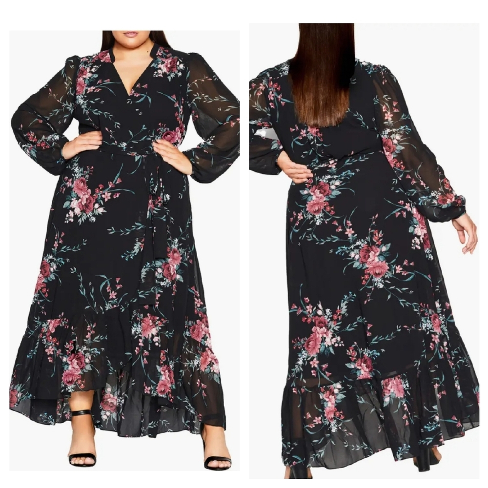 City Chic | Isla Floral V-Neck Long Sleeve Maxi Dress